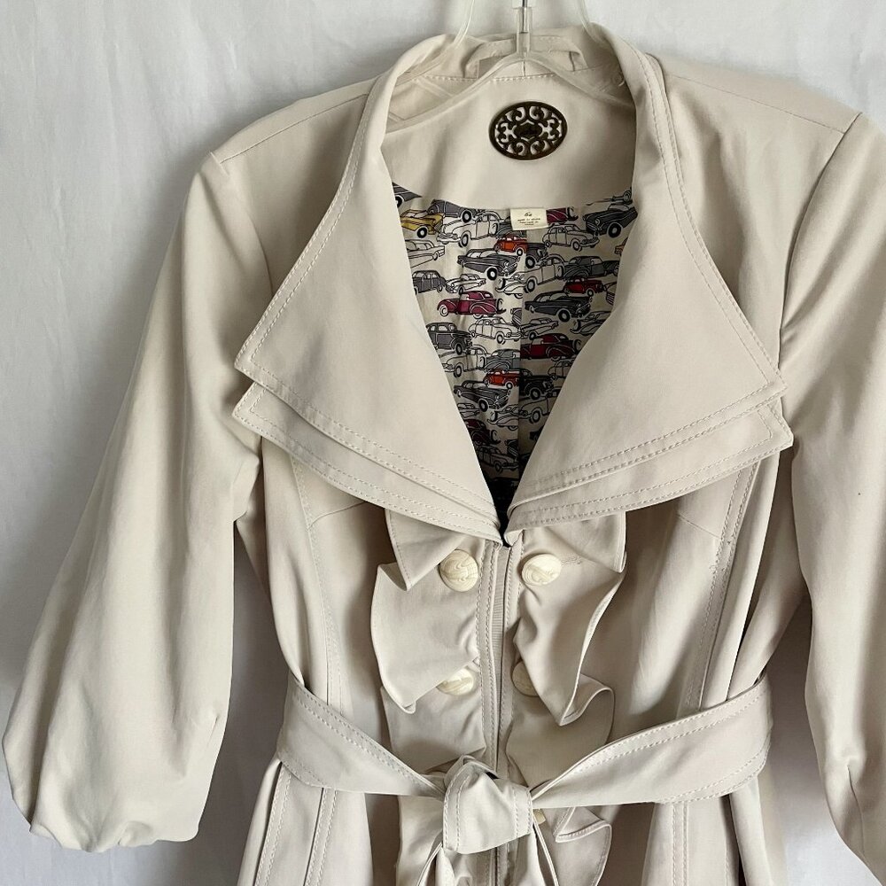 Anthropologie Idra Whimsy Ruffle Trench Balloon Sleeve Cream Size 6 Rain Jacket